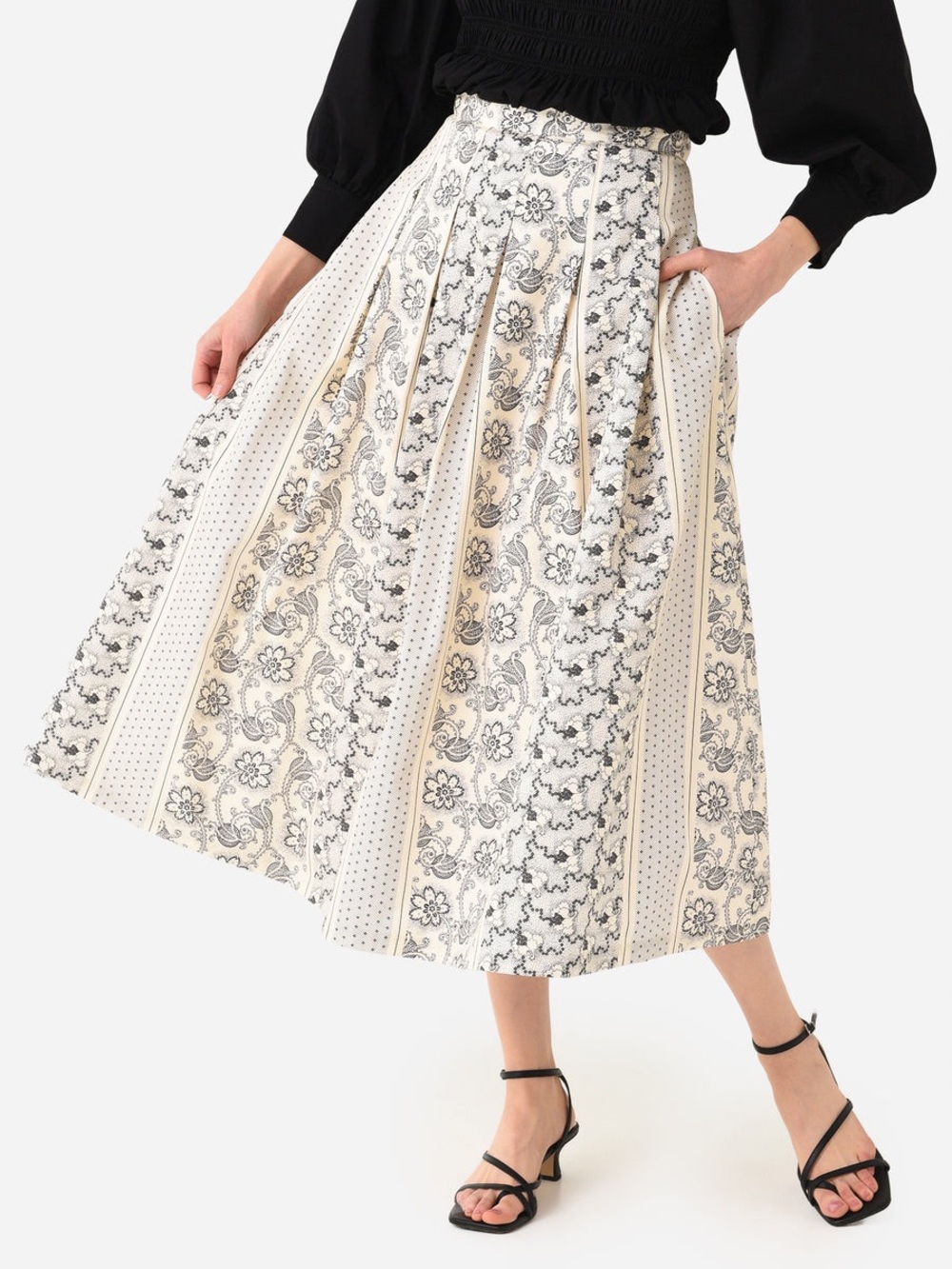 HUNTER BELL Cream and Black Floral Paisley Midi Skirt